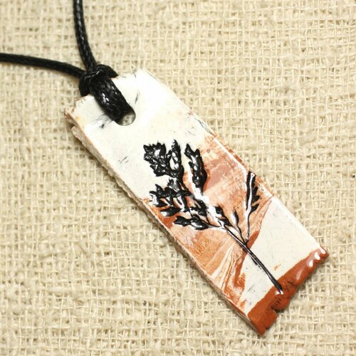 Collier pendentif céramique empreintes feuilles nature rectangle 53mm