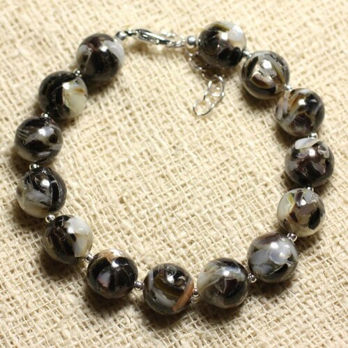 Bracelet argent 925 nacre et résine 10mm blanc et noir