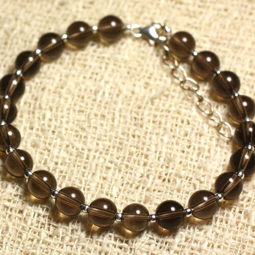 Bracelet argent 925 et pierre - quartz fumé 6mm