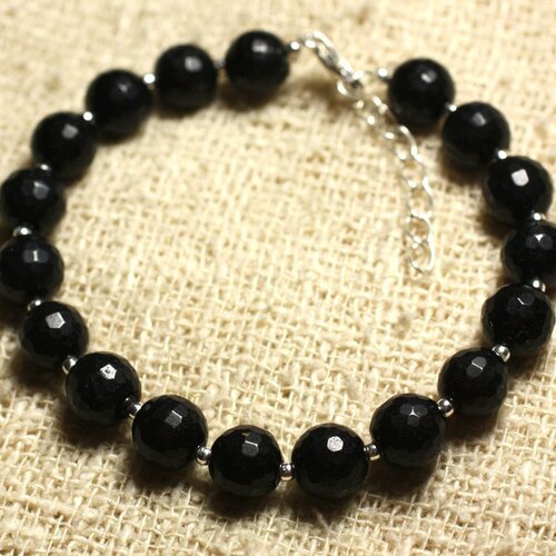 Bracelet argent 925 et pierre - jade noire facettée 8mm