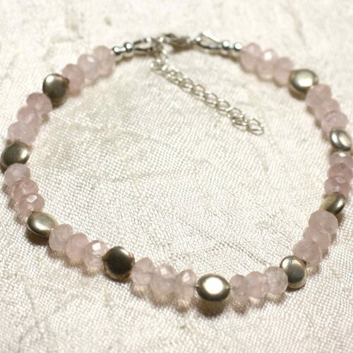 Bijou bracelet argent 925 et pierre quartz rose rondelles facettées 5x3mm rose clair