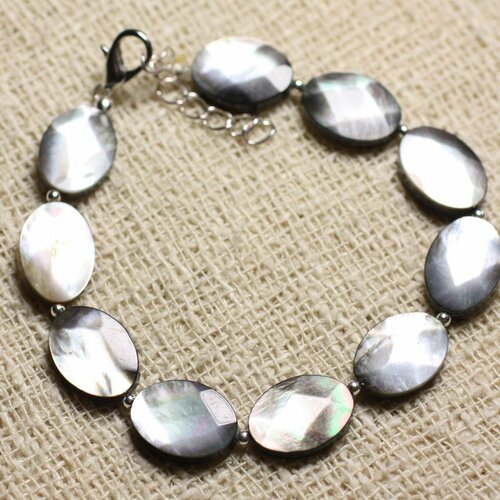 Bracelet argent 925 et nacre noire ovales facettés 14x10mm