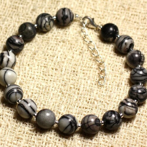 Bracelet argent 925 et pierre semi précieuse - jaspe zèbre 8mm