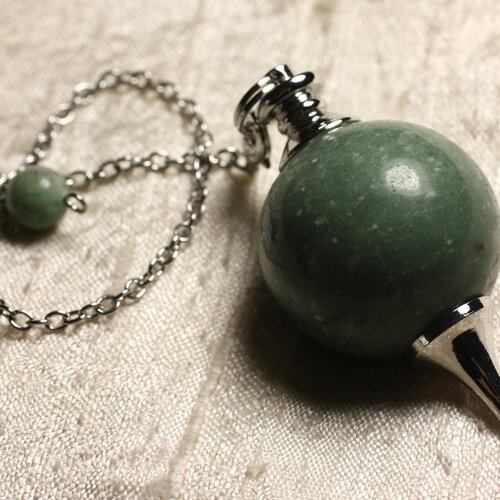 Pendule métal argenté rhodium et pierre semi précieuse - jade verte boule 30mm