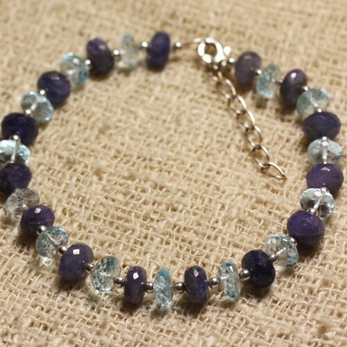 Bracelet argent 925 et perles de pierre tanzanite topaze bleue facettées 3-7mm