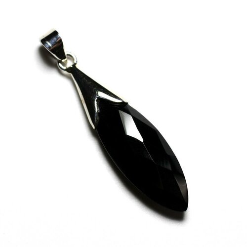 Pendentif argent 925 et pierre - goutte facettée 35mm onyx noir (pe117)
