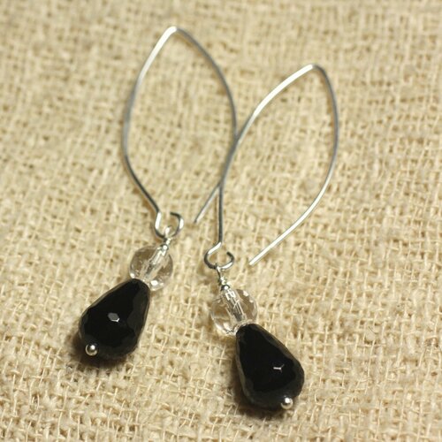 Boucles d'oreilles argent 925 crochets 40mm - onyx noir gouttes facettées 12x8mm et cristal facetté 6mm