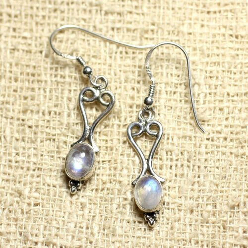 Bo208 - boucles d'oreilles argent 925 coeurs 27mm pierre de lune arc en ciel