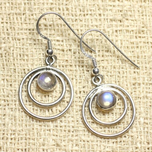 Bo202 - boucles d'oreilles argent 925 cercles 19mm - pierre de lune arc en ciel