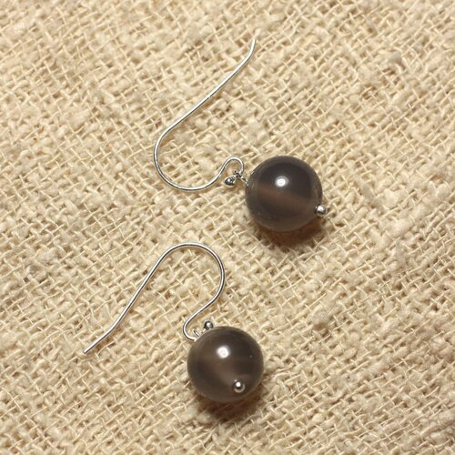 Boucles d'oreilles argent 925 et pierre - agate grise 10mm