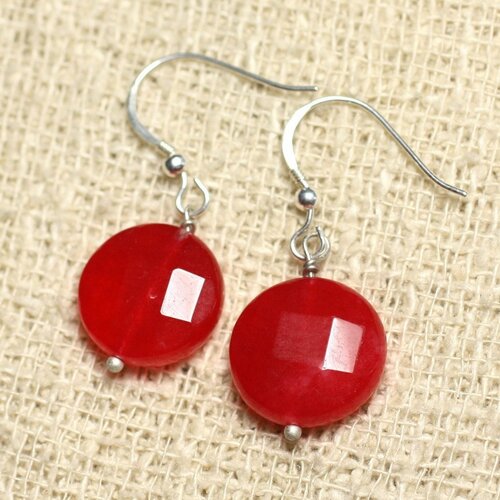 Boucles d'oreilles argent 925 et pierre - jade rouge palets facettés 14mm