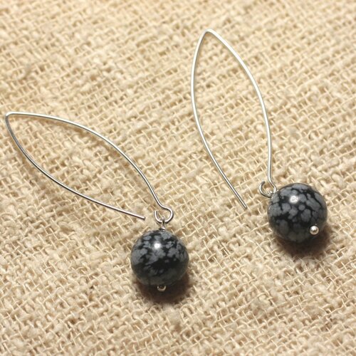 Boucles d'oreilles argent 925 et pierre - obsidienne flocon 10mm