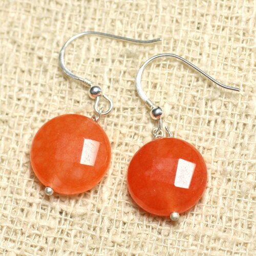 Boucles d'oreilles argent 925 et pierre - jade orange palets facettés 14mm