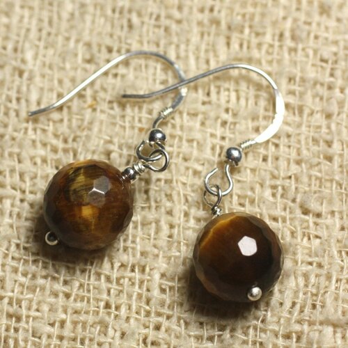 Boucles d'oreilles argent 925 - oeil de tigre facetté 10mm