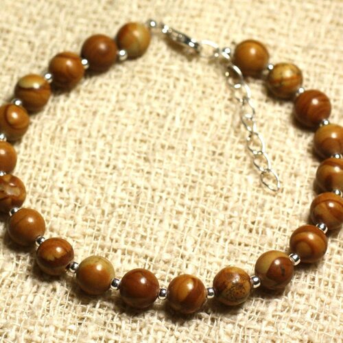 Bracelet argent 925 et pierre - jaspe bois 6mm