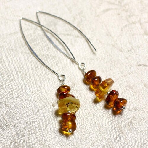 Boucles d'oreilles argent 925 longs crochets et ambre naturelle 7-10mm