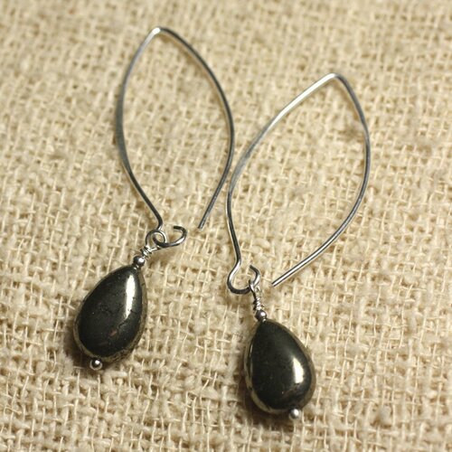 Boucles d'oreilles argent 925 crochets 40mm - pyrite dorée gouttes 12x8mm