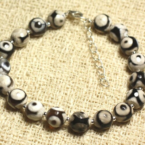 Bracelet argent 925 et pierre semi précieuse - agate blanche et noire 8mm