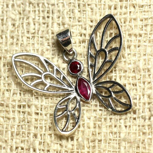 Pendentif papillon 28mm argent 925 et pierre - rubis