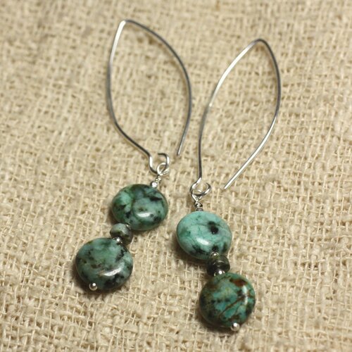 Boucles d'oreilles argent 925 crochets 40mm - turquoise d'afrique palets 10mm