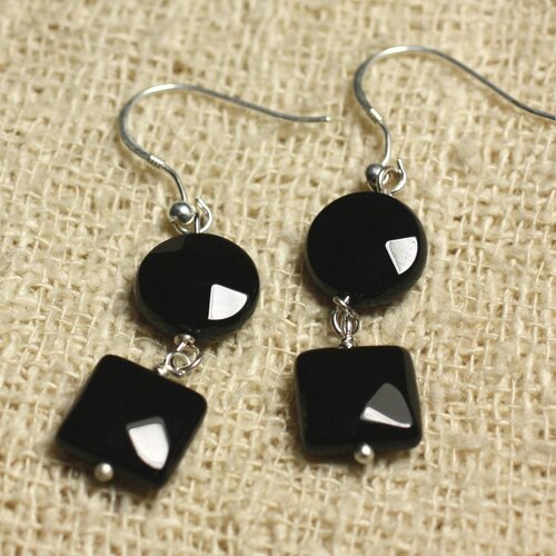 Boucles d'oreilles argent 925 - onyx noir palets et carrés facettés 10mm