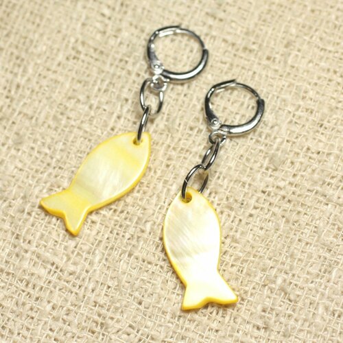Boucles d'oreilles nacre poissons 23mm jaune