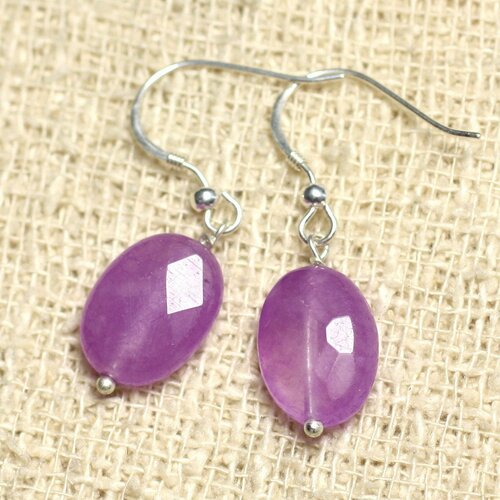 Boucles d'oreilles argent 925 et pierre - jade violet rose ovales facettés 14mm