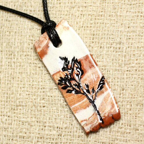 Collier pendentif céramique empreintes feuilles nature rectangle 51mm