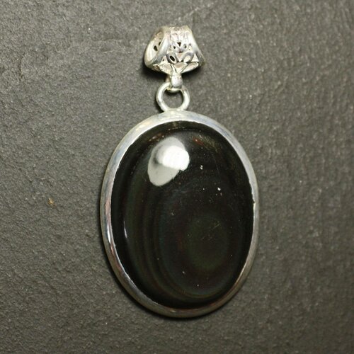 N72 - pendentif argent 925 et pierre - obsidienne arc en ciel oeil céleste ovale 31x24mm