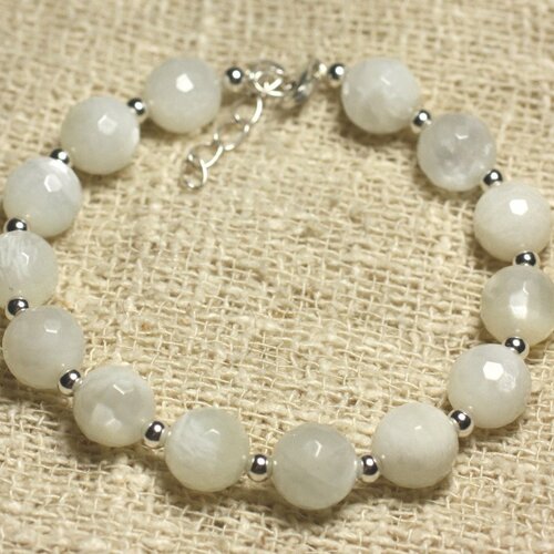 Bracelet argent 925 et pierre de lune blanche facettée 9mm