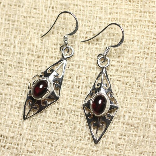 Bo220 - boucles d'oreilles argent 925 et pierre - losange filigrane 28mm grenat