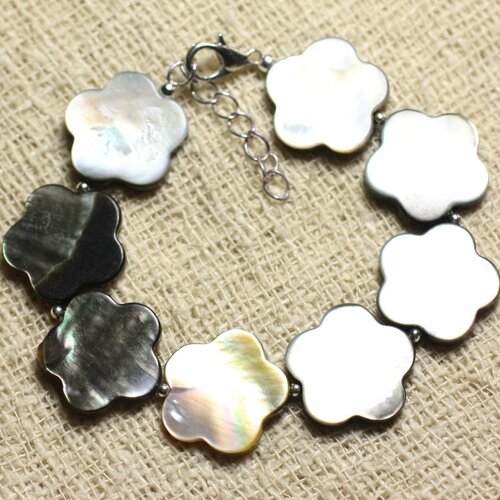 Bracelet argent 925 et nacre noire fleurs 18mm
