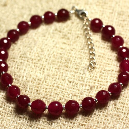 Bracelet argent 925 et pierre - jade rouge rose framboise facettée 6mm