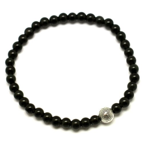 Bracelet pierre semi précieuse obsidienne noire 4mm et perle argentée