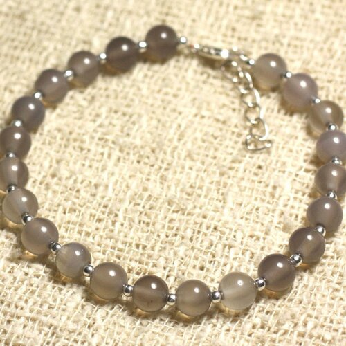 Bracelet argent 925 et pierre - agate grise 6mm