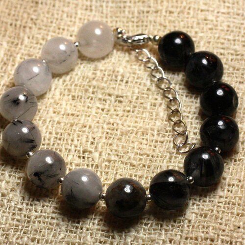 Bracelet argent 925 et pierre - quartz tourmaline 10mm