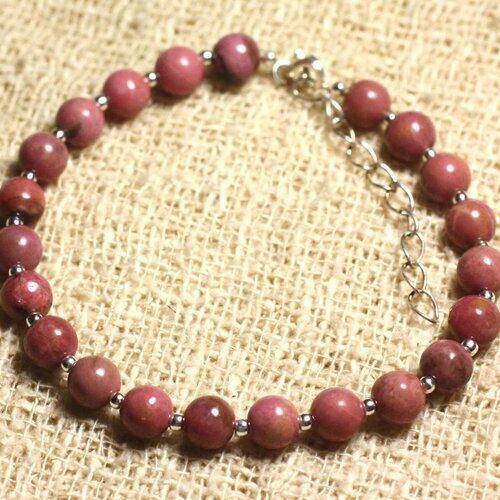 Bracelet argent 925 et pierre - rhodonite 6mm