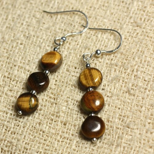 Bijoux boucles oreilles argent 925 et pierre oeil de tigre ronds plats 10mm marron doré