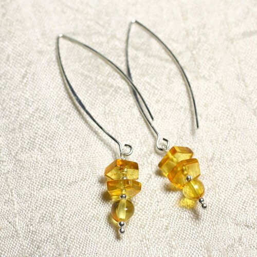 Boucles d'oreilles argent 925 longs crochets et ambre naturelle miel 6-9mm