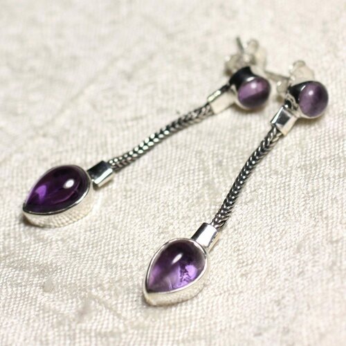 Bo240 - boucles d'oreilles argent 925 et pierre améthyste pendantes chaîne 45mm