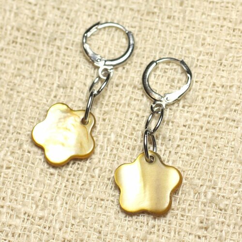 Boucles d'oreilles nacre fleurs 15mm bronze doré