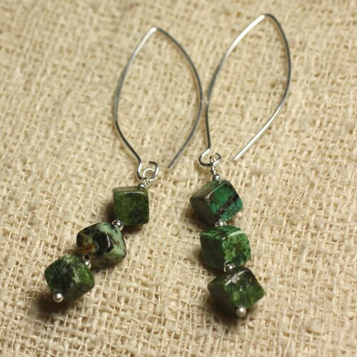 Boucles d'oreilles argent 925 crochets 40mm - turquoise d'afrique cubes 6x6mm