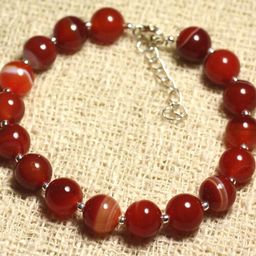 Bracelet argent 925 et pierre semi précieuse - agate rouge orange 8mm