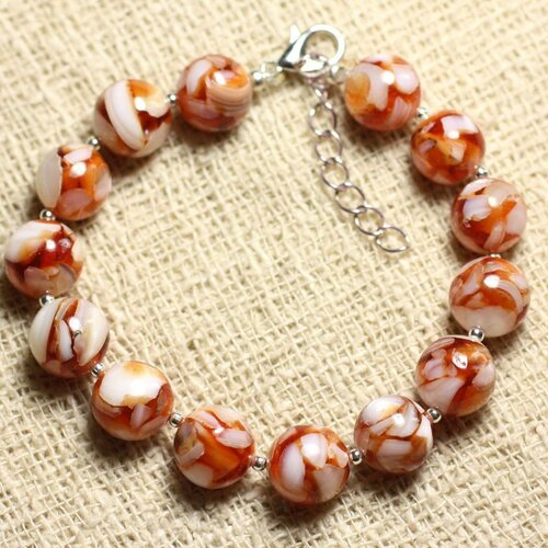 Bracelet argent 925 nacre et résine 10mm orange et blanc