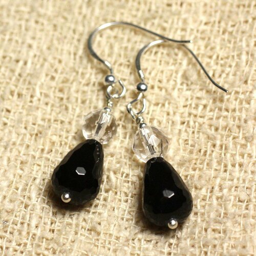 Boucles d'oreilles argent 925 - onyx noir gouttes facettées 12x8mm et cristal facetté 6mm