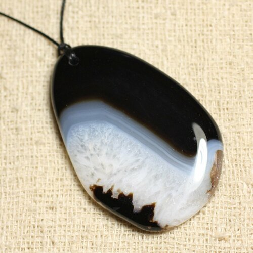Collier pendentif en pierre - agate et quartz noir et blanc goutte 63mm n4