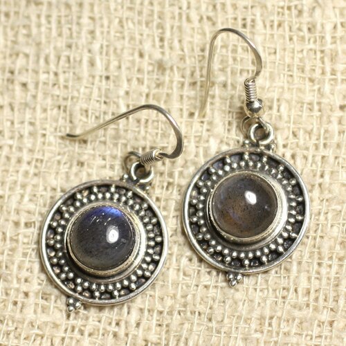 Bo209 - boucles d'oreilles argent 925 et pierre - labradorite ronds 8mm