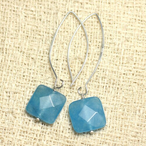 Boucles d'oreilles argent 925 et pierre - jade bleue carrés facettés 14mm