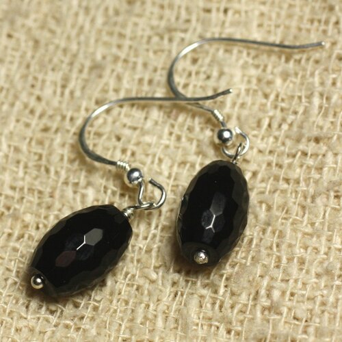 Boucles d'oreilles argent 925 - onyx noir olives facettées 12x8mm