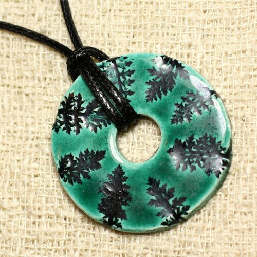 Collier pendentif céramique empreinte feuilles donut 38mm